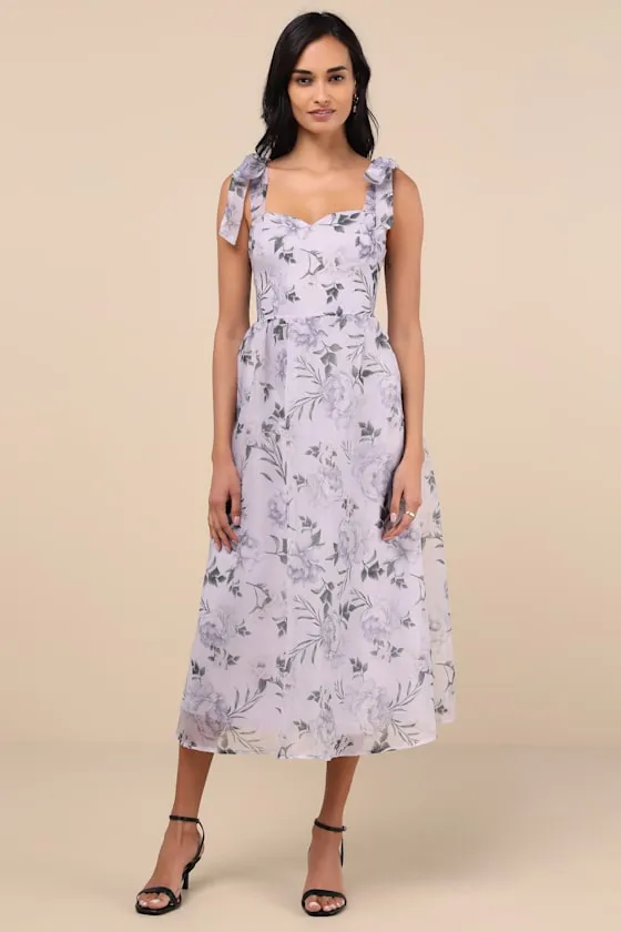 Prettiest Invite Lavender Floral Organza Tie-Strap Midi Dress sold by Lulus