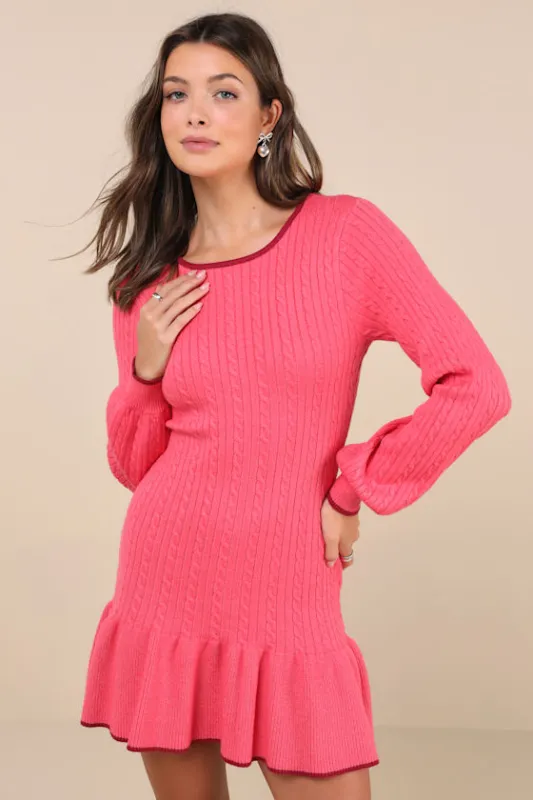Coziest Poise Pink Cable Knit Long Sleeve Sweater Mini Dress sold by Lulus