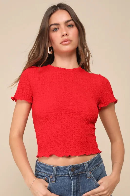 Truly a Sweetie Red Smocked Lettuce Edge Short Sleeve Top sold by Lulus