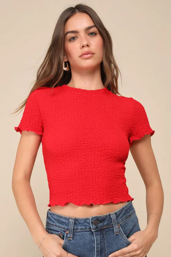 Truly a Sweetie Red Smocked Lettuce Edge Short Sleeve Top sold by Lulus