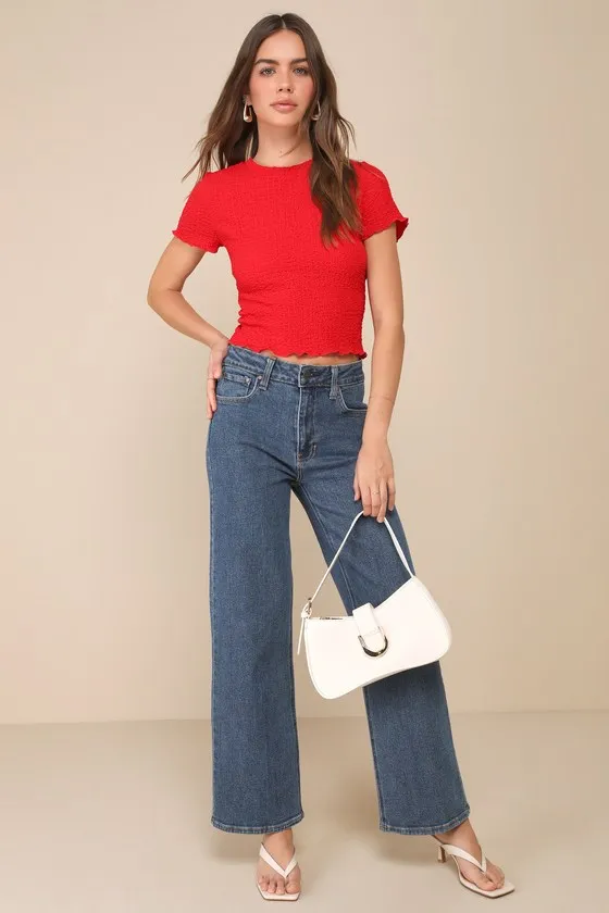 Truly a Sweetie Red Smocked Lettuce Edge Short Sleeve Top sold by Lulus product image thumbnail 2