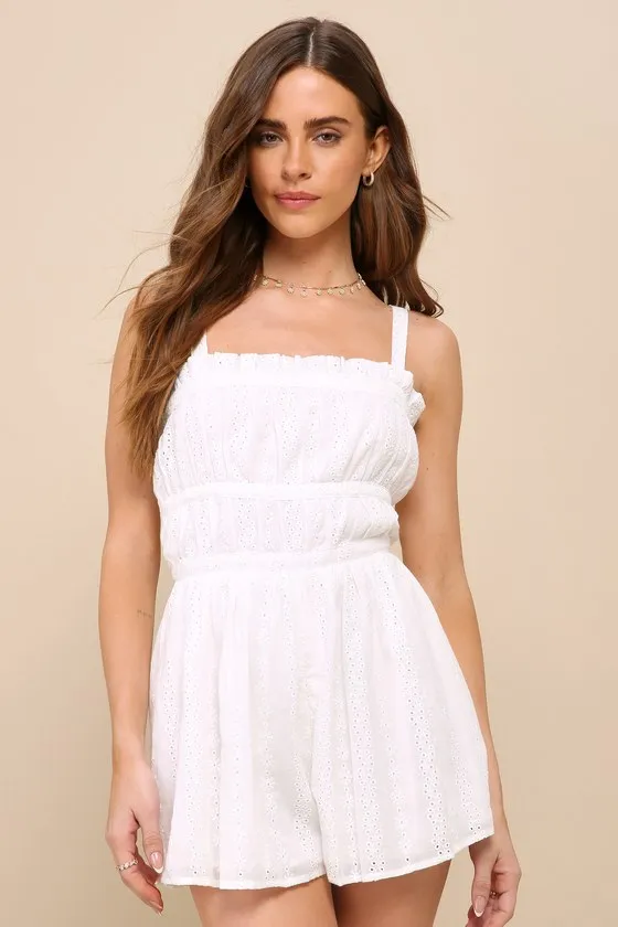Playful Summer White Eyelet Embroidered Tie-Back Romper sold by Lulus