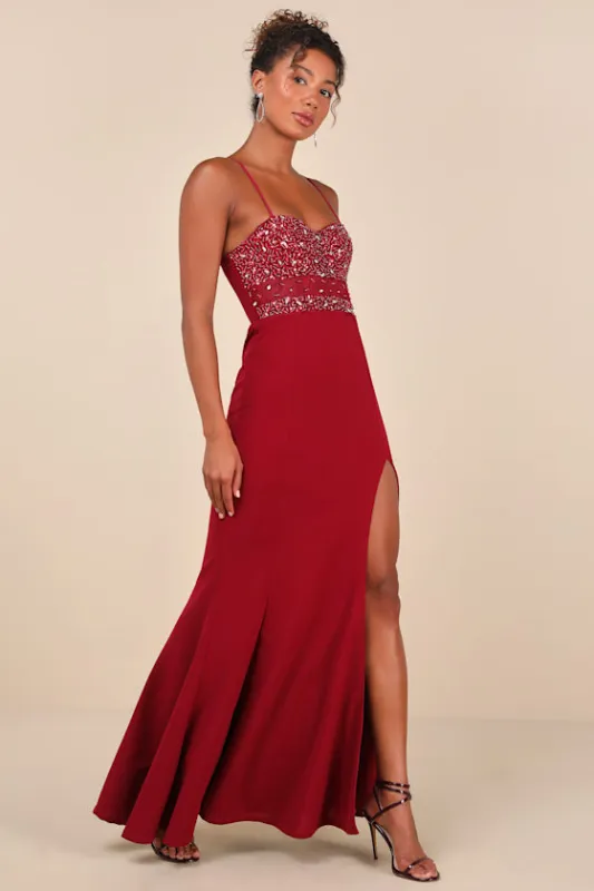 Luxe Allure Wine Red Beaded Rhinestone Bustier Maxi Dress sold by Lulus