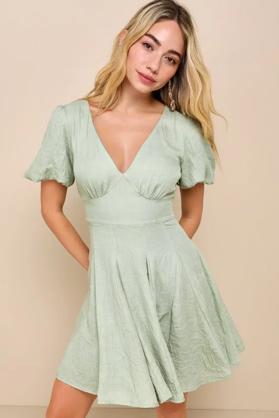 Sweet Wish Sage Green Puff Sleeve Skater Mini Dress sold by Lulus product image thumbnail 2