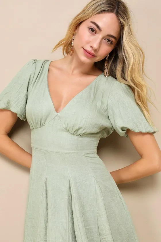 Sweet Wish Sage Green Puff Sleeve Skater Mini Dress sold by Lulus product image thumbnail 3