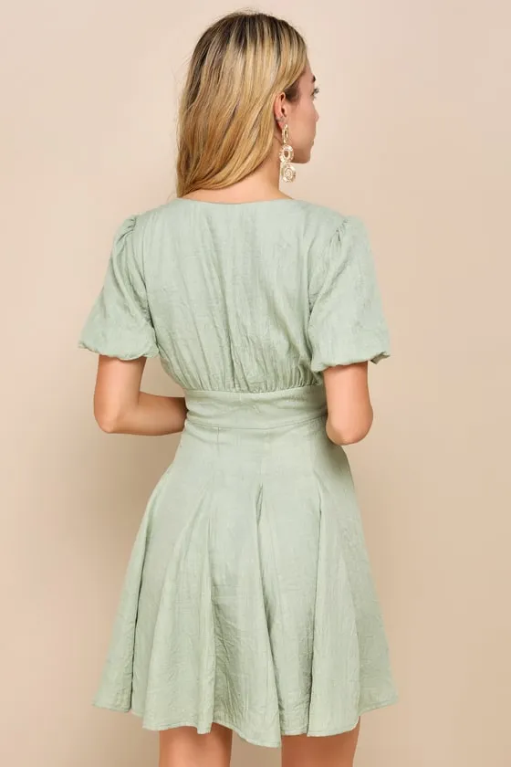 Sweet Wish Sage Green Puff Sleeve Skater Mini Dress sold by Lulus product image thumbnail 4