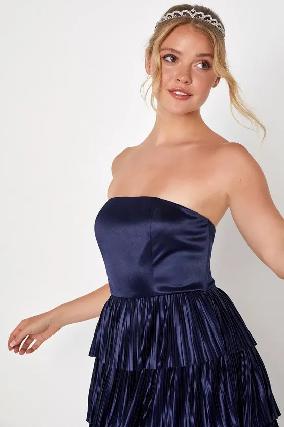 Elevated Evening Navy Blue Strapless Tiered Plisse Mini Dress sold by Lulus product image thumbnail 4