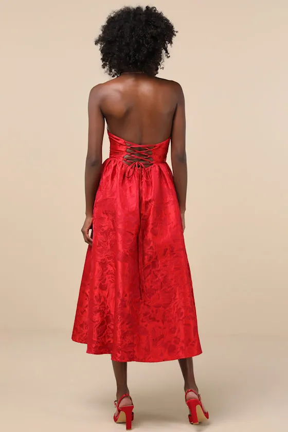 Picturesque Icon Red Jacquard Lace-Up Strapless Midi Dress sold by Lulus product image thumbnail 3