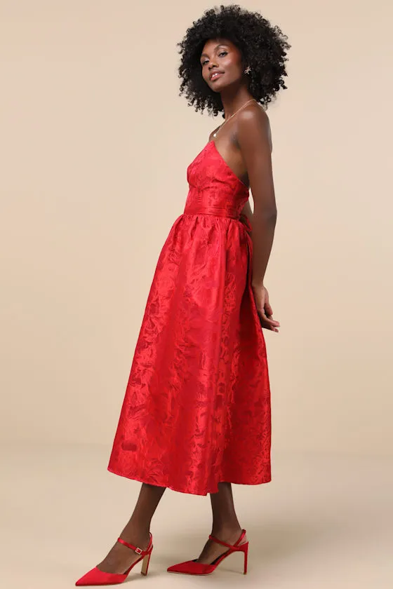 Picturesque Icon Red Jacquard Lace-Up Strapless Midi Dress sold by Lulus product image thumbnail 4