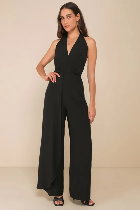 Inspiring Sultriness Black Textured Halter Backless Jumpsuit sold by Lulus