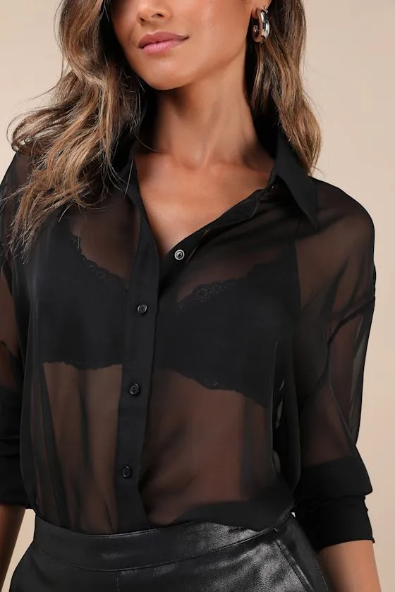 Evie Black Sheer Oversized Button-Up Top sold by Lulus product image thumbnail 4