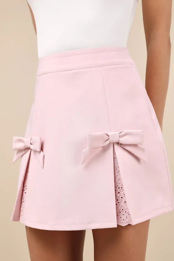 Charmed Energy Light Pink Embroidered Pleated Bow Mini Skirt sold by Lulus product image thumbnail 4