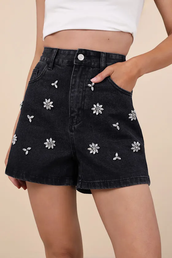 Easygoing Glow Black Denim Rhinestone High-Rise Shorts sold by Lulus product image thumbnail 2