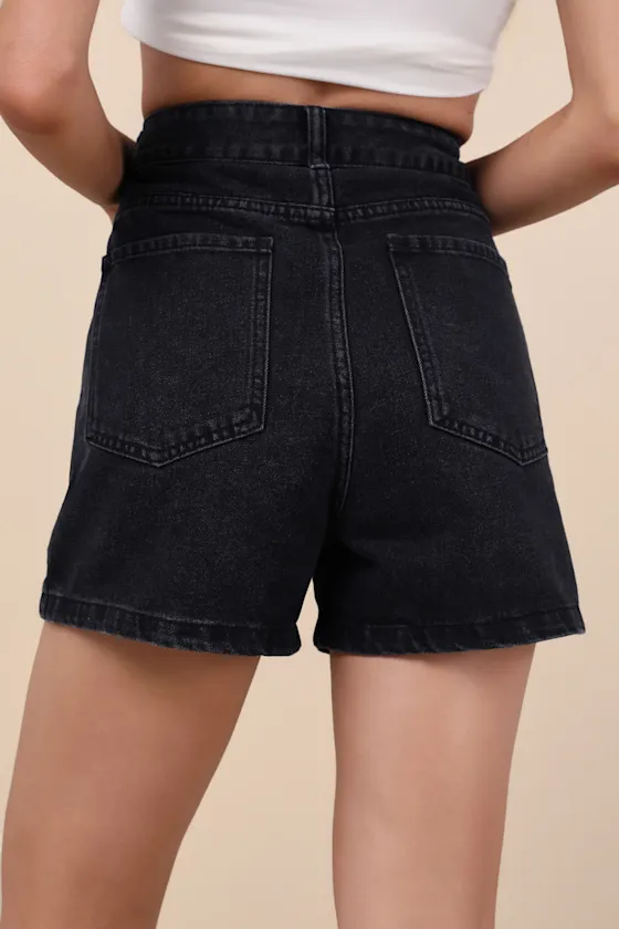 Easygoing Glow Black Denim Rhinestone High-Rise Shorts sold by Lulus product image thumbnail 3