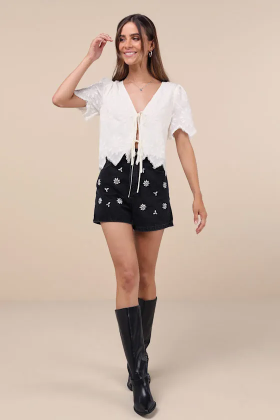 Easygoing Glow Black Denim Rhinestone High-Rise Shorts sold by Lulus product image thumbnail 4
