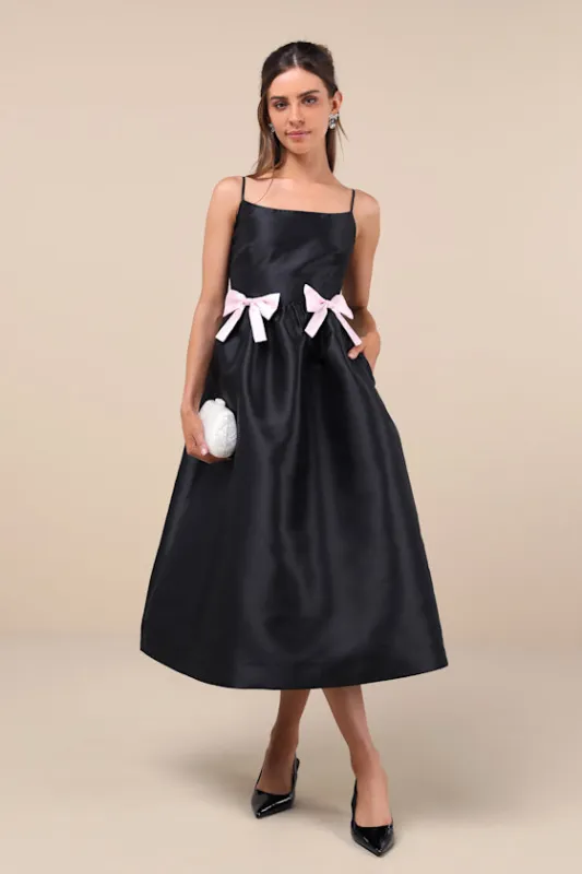 Classy Aesthetic Black Taffeta Bow Midi Dress With Pockets made by Lulus