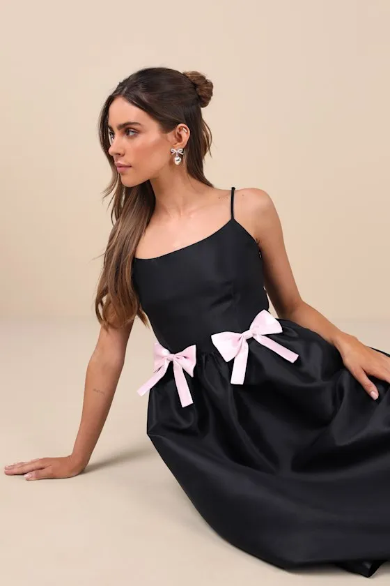 Classy Aesthetic Black Taffeta Bow Midi Dress With Pockets sold by Lulus product image thumbnail 2