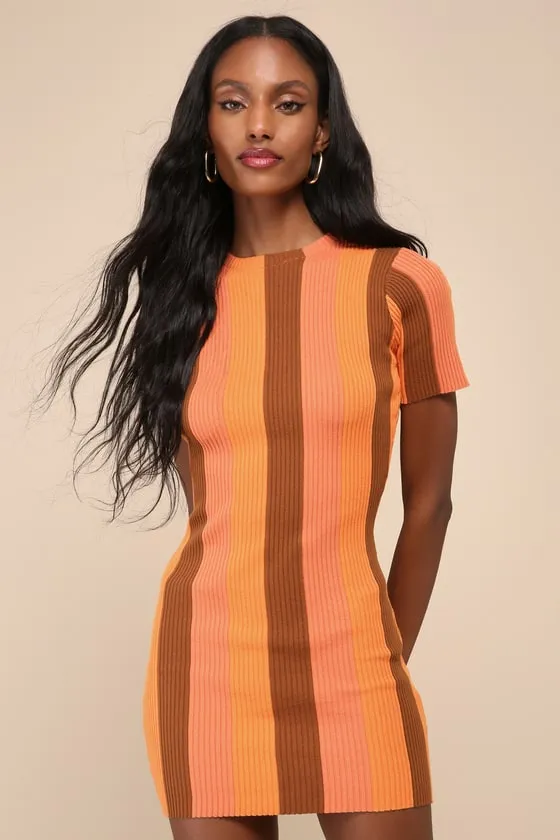 Definitely Cool Orange Striped Ribbed Short Sleeve Mini Dress sold by Lulus product image thumbnail 2