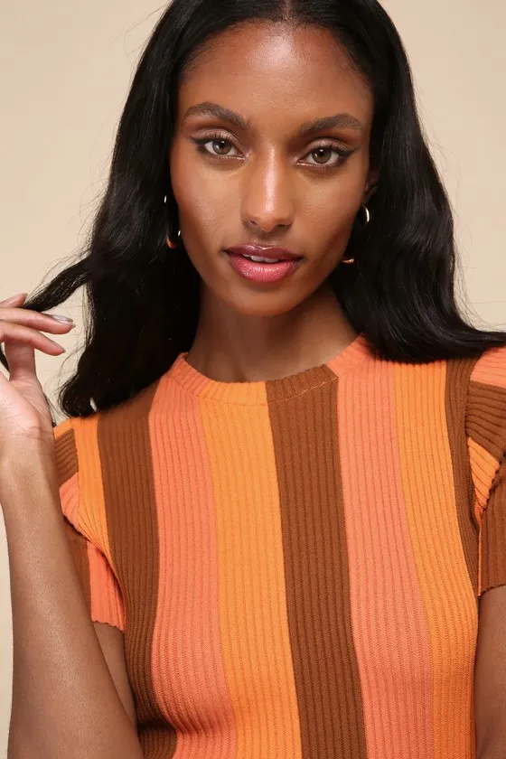 Definitely Cool Orange Striped Ribbed Short Sleeve Mini Dress sold by Lulus product image thumbnail 4