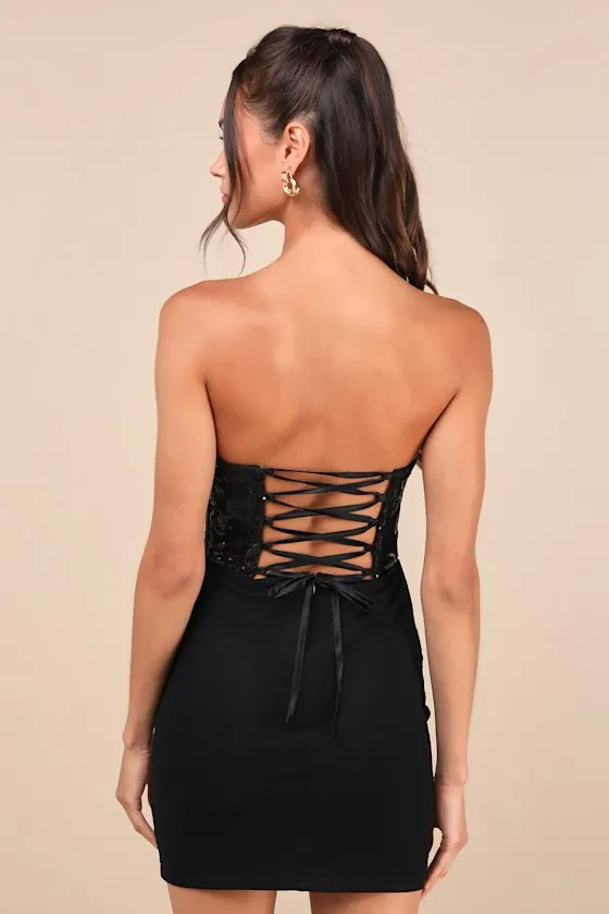 Exquisite Allure Black Mesh Sequin Strapless Bustier Mini Dress sold by Lulus product image thumbnail 3