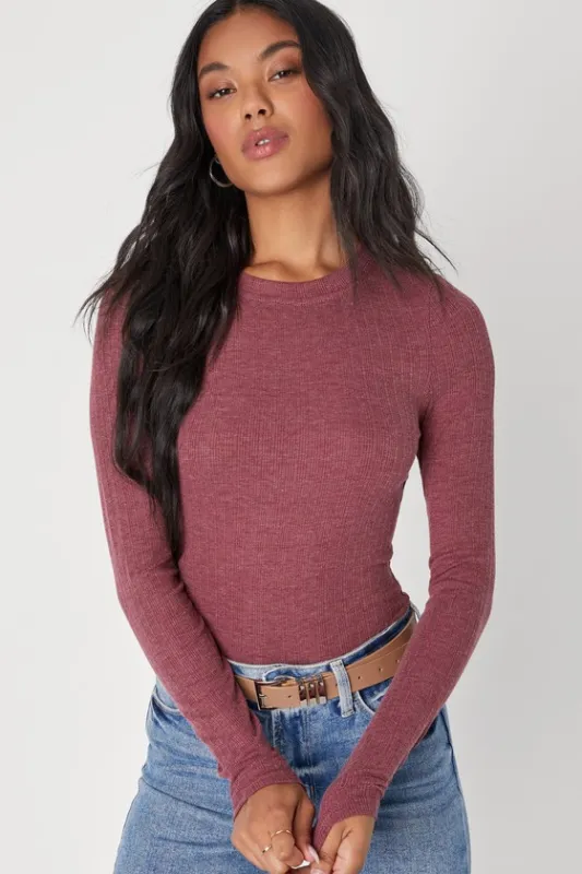 Essential Fit Heather Mauve Purple Ribbed Knit Long Sleeve Top sold by Lulus