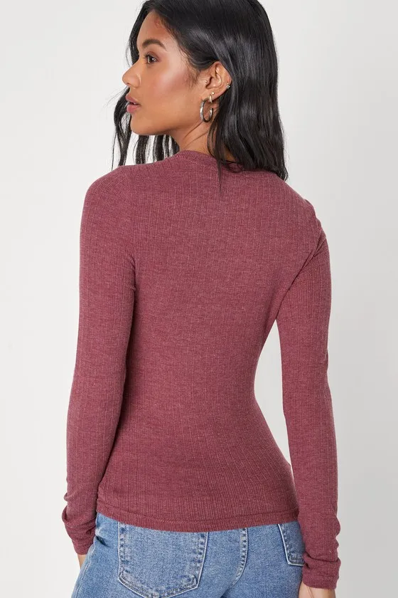 Essential Fit Heather Mauve Purple Ribbed Knit Long Sleeve Top sold by Lulus product image thumbnail 2