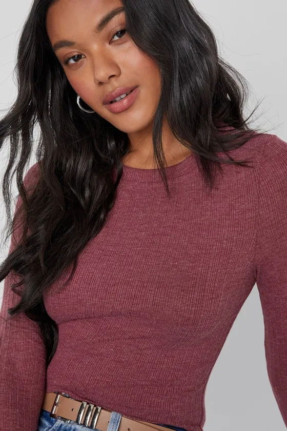 Essential Fit Heather Mauve Purple Ribbed Knit Long Sleeve Top sold by Lulus product image thumbnail 3