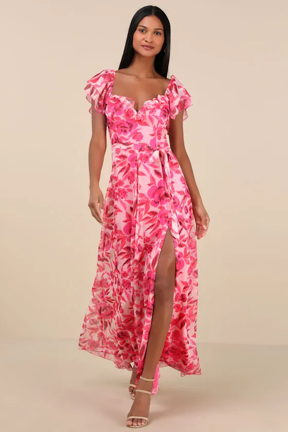 Sensationally Sweeter Bright Pink Floral Ruffled Maxi Dress sold by Lulus