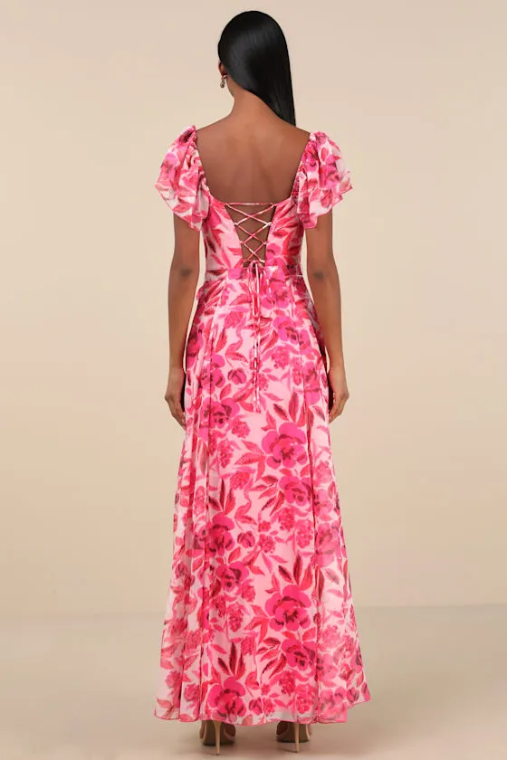 Sensationally Sweeter Bright Pink Floral Ruffled Maxi Dress sold by Lulus product image thumbnail 2