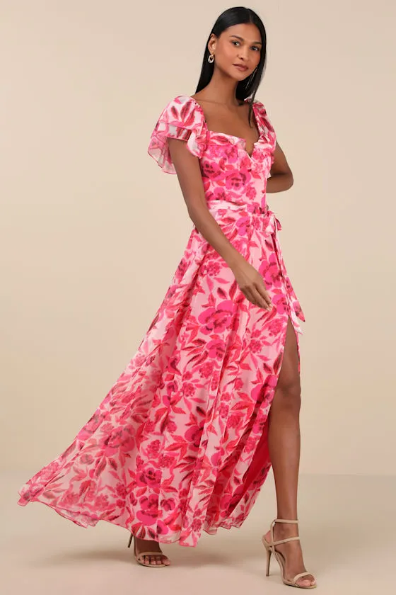 Sensationally Sweeter Bright Pink Floral Ruffled Maxi Dress sold by Lulus product image thumbnail 3