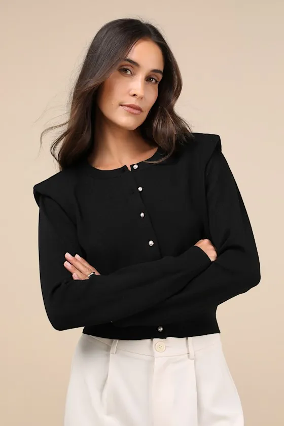 Denisa Black Long Sleeve Pearl Button Cardigan sold by Lulus