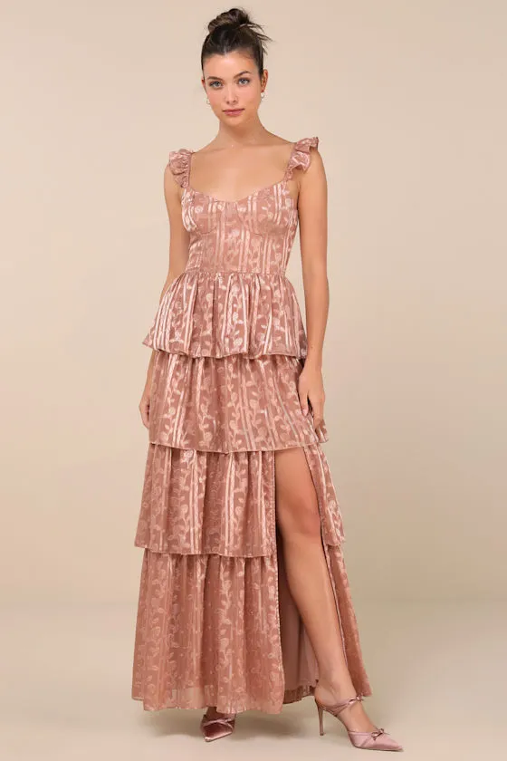 Stunning Glory Dusty Pink Floral Jacquard Tiered Maxi Dress sold by Lulus