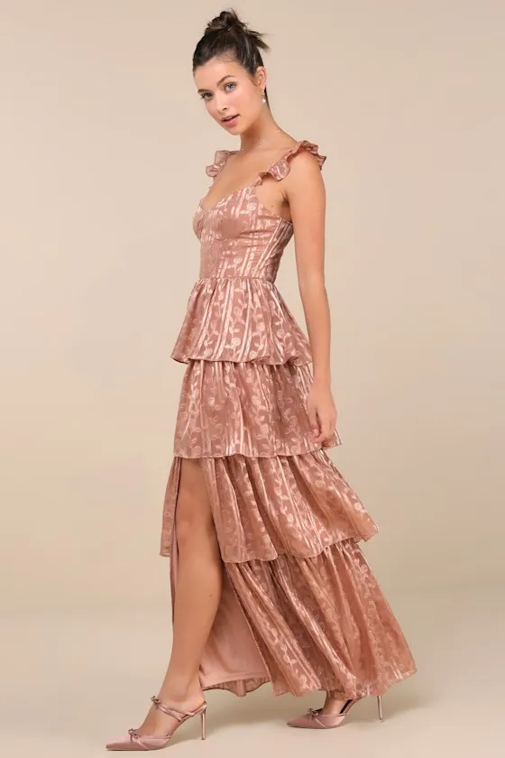 Stunning Glory Dusty Pink Floral Jacquard Tiered Maxi Dress sold by Lulus product image thumbnail 2