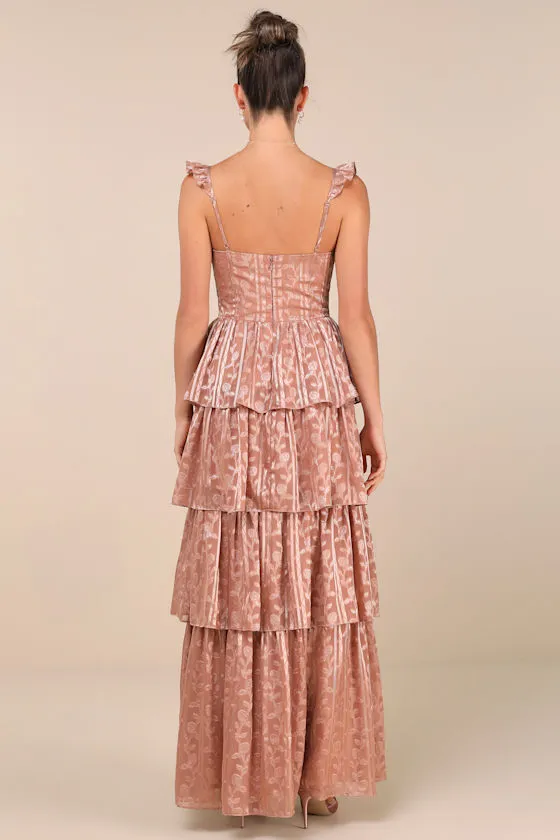 Stunning Glory Dusty Pink Floral Jacquard Tiered Maxi Dress sold by Lulus product image thumbnail 3