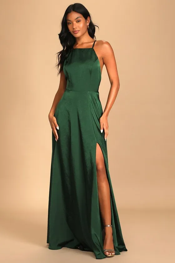 Total Beauty Emerald Green Satin Backless Maxi Dress sold by Lulus