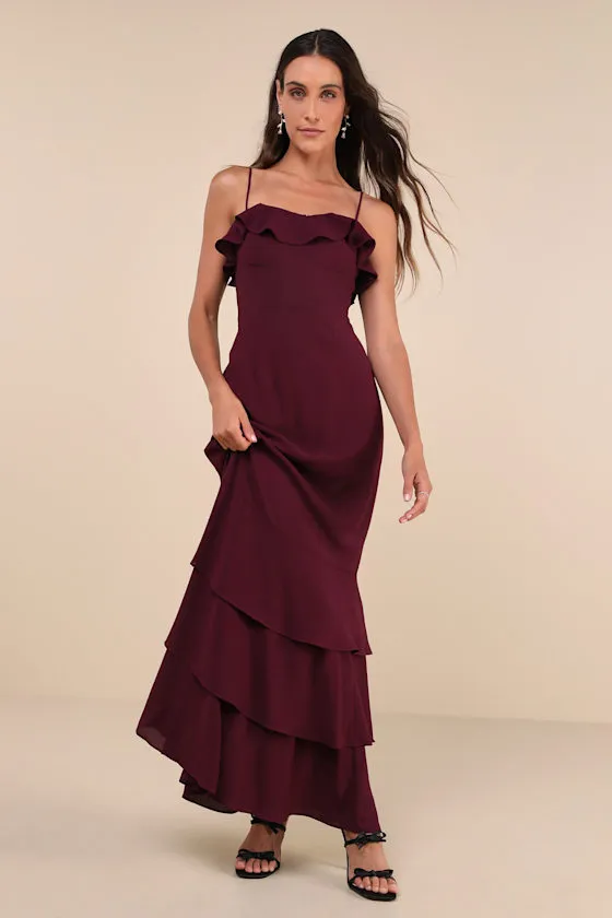 Lively Evenings Plum Purple Sleeveless Tiered Maxi Dress sold by Lulus