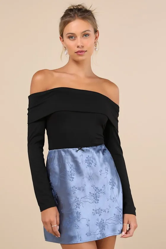 Darling Moves Blue Satin Jacquard Mini Skirt sold by Lulus