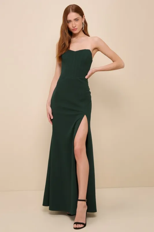 Passionate Admiration Emerald Strapless Bustier Maxi Dress sold by Lulus