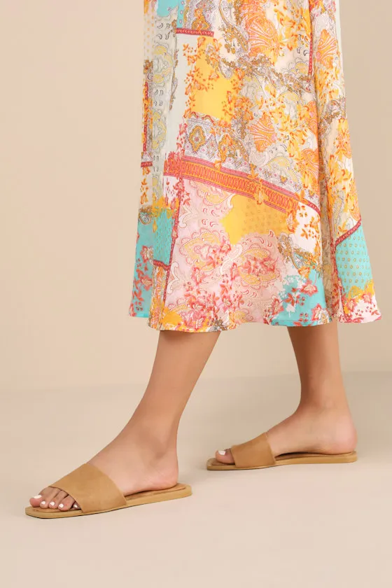 Brenner Camel Flat Square-Toe Slide Sandals sold by Lulus