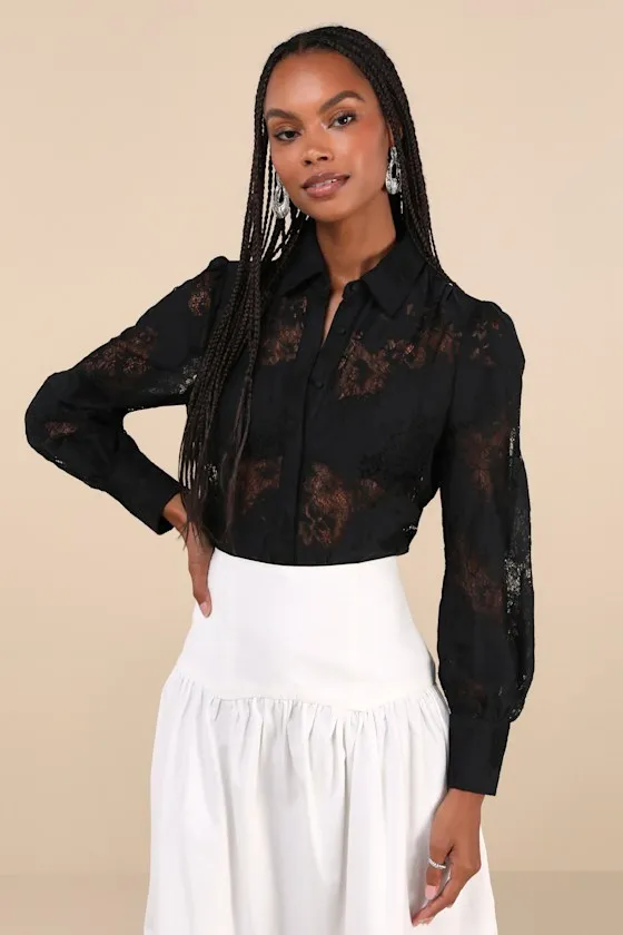 Sheer Excitement Black Sheer Lace Long Sleeve Button-Up Top sold by Lulus