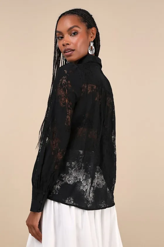 Sheer Excitement Black Sheer Lace Long Sleeve Button-Up Top sold by Lulus product image thumbnail 2