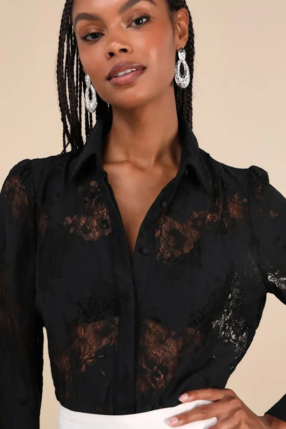 Sheer Excitement Black Sheer Lace Long Sleeve Button-Up Top sold by Lulus product image thumbnail 4