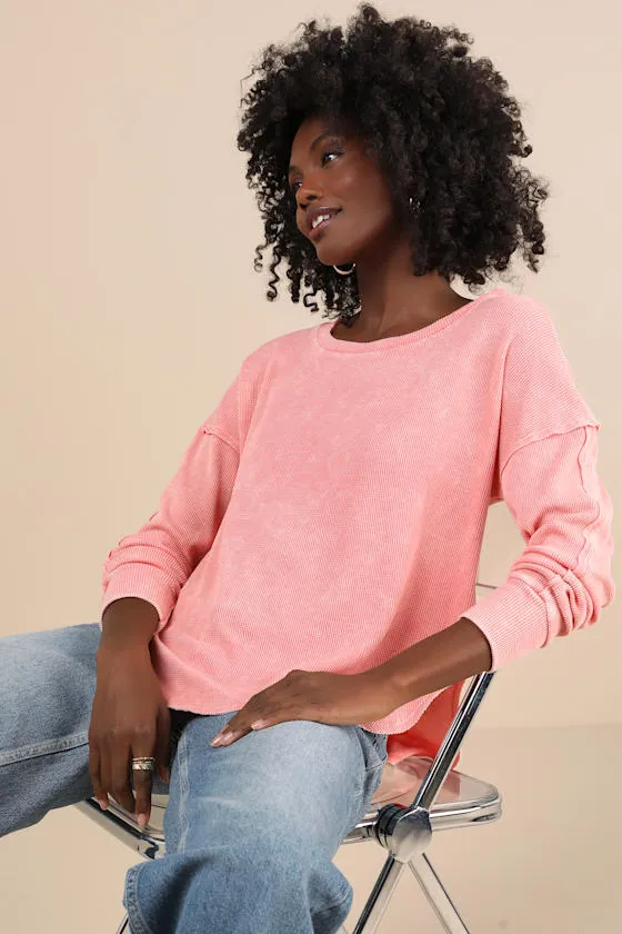 Edgy Flirtation Washed Pink Waffle Knit Long Sleeve Top sold by Lulus