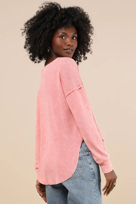 Edgy Flirtation Washed Pink Waffle Knit Long Sleeve Top sold by Lulus product image thumbnail 3