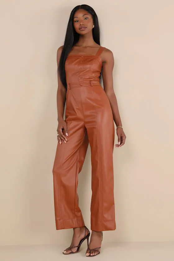 Trendiest Cutie Brown Vegan Leather Straight Leg Jumpsuit sold by Lulus