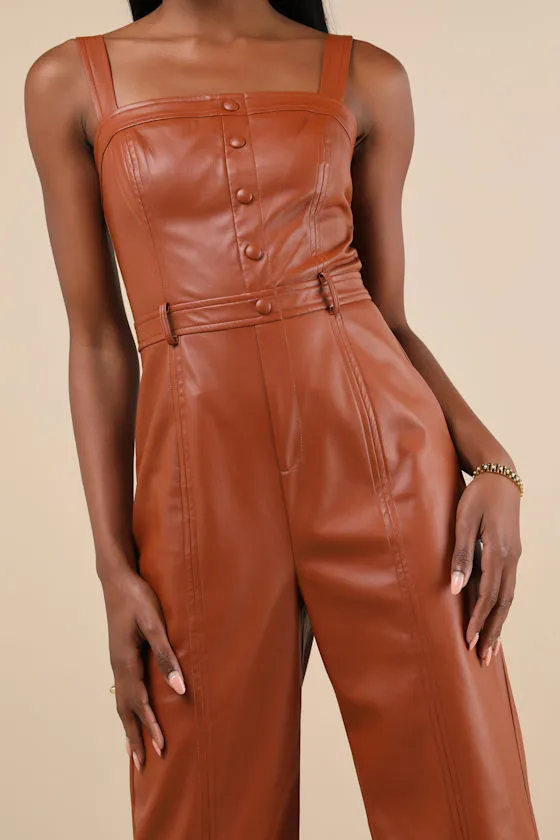 Trendiest Cutie Brown Vegan Leather Straight Leg Jumpsuit sold by Lulus product image thumbnail 3