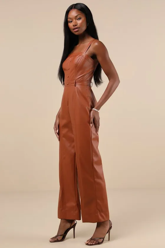 Trendiest Cutie Brown Vegan Leather Straight Leg Jumpsuit sold by Lulus product image thumbnail 4