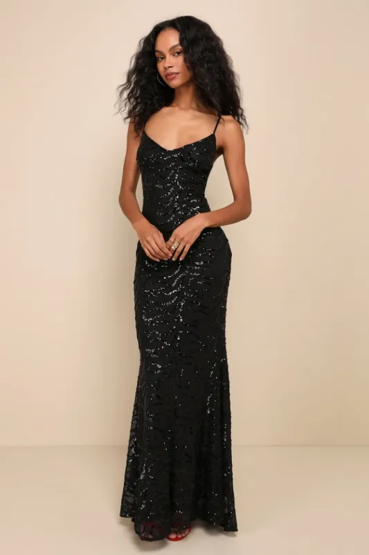 Mesmerizing Demeanor Black Sequin Backless Mermaid Maxi Dress sold by Lulus