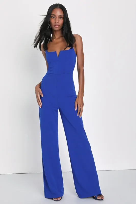 Cheers to Chic Royal Blue Sleeveless Wide-Leg Jumpsuit sold by Lulus