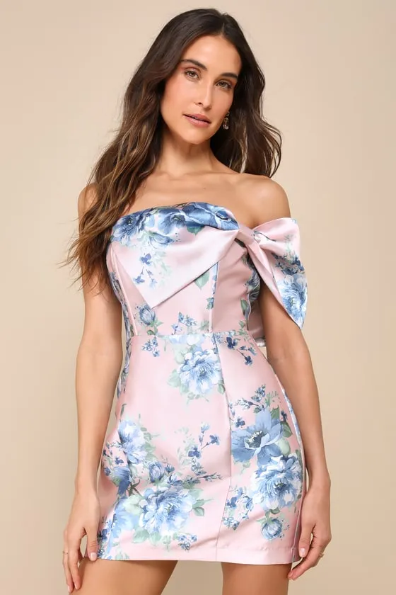 Soiree Darling Pink Floral Bow Off-the-Shoulder Mini Dress sold by Lulus product image thumbnail 2